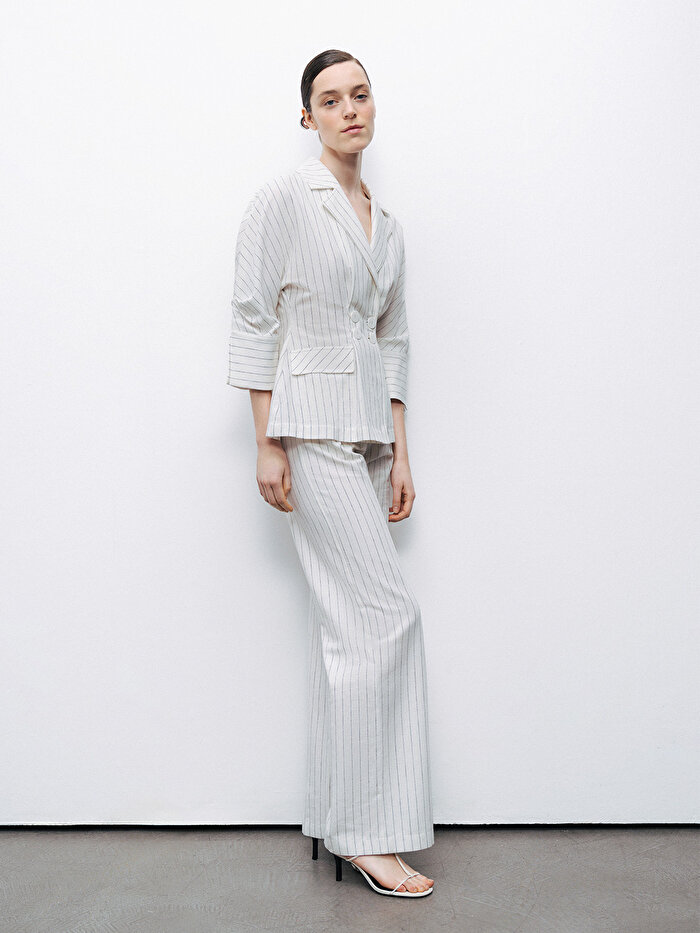 Nocturne Çizgili Yüksek Bel Keten Pantolon