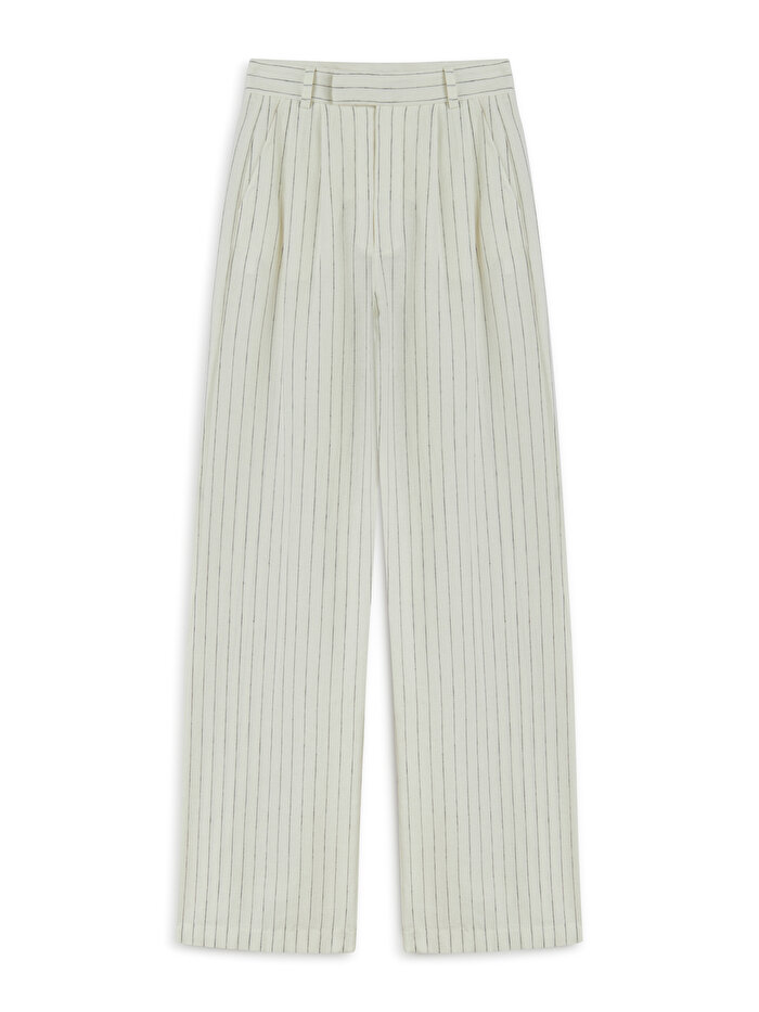 Nocturne Çizgili Yüksek Bel Keten Pantolon