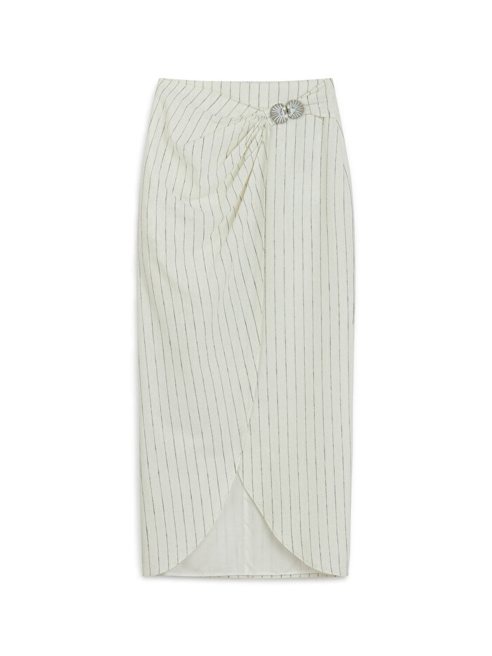 Nocturne Metal Aksesuarlı Çizgili Keten Midi Etek