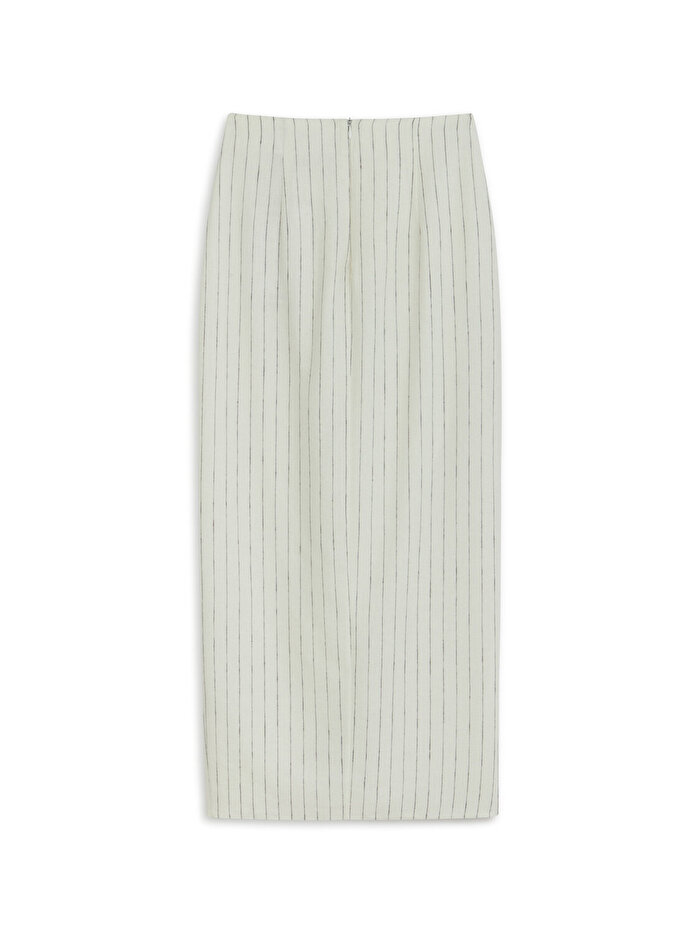 Nocturne Metal Aksesuarlı Çizgili Keten Midi Etek