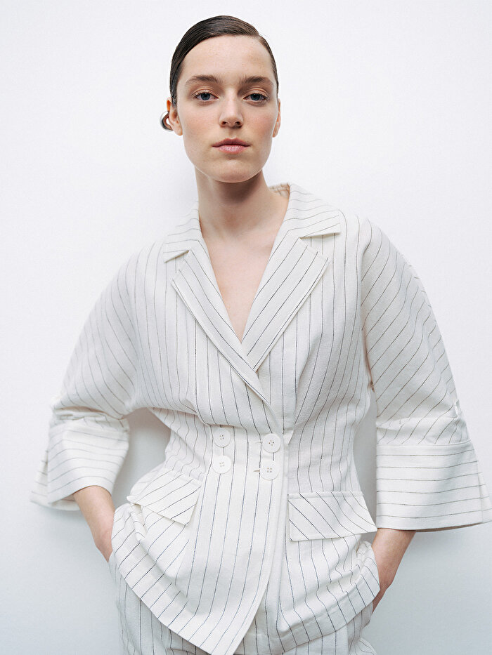 Nocturne Çizgili Keten Ceket