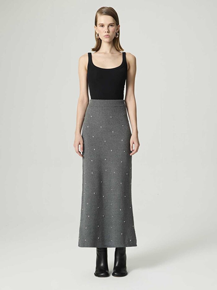 Nocturne Taş Detaylı Triko Maxi Etek