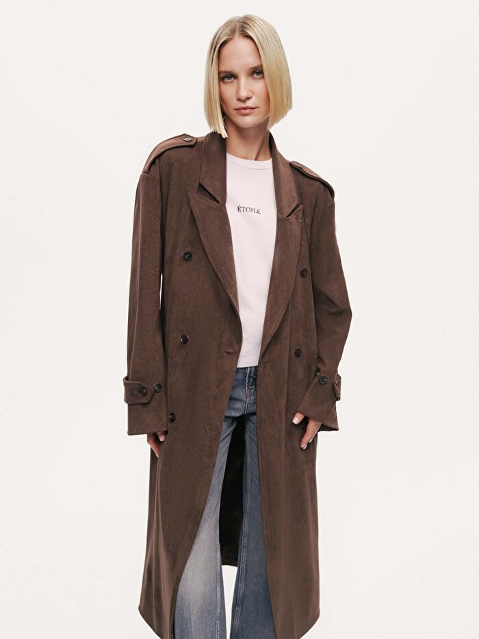 Nocturne Kemerli Süet Maxi Trençkot