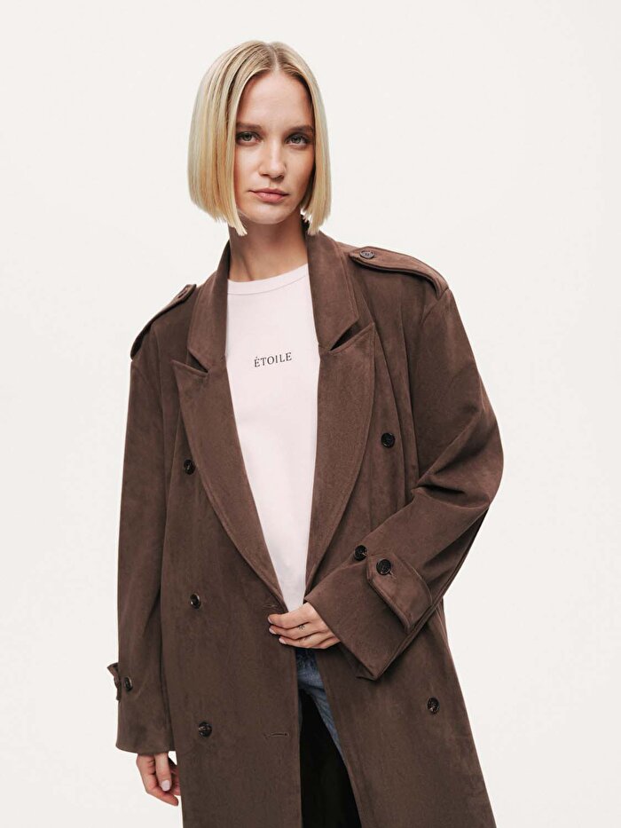 Nocturne Kemerli Süet Maxi Trençkot