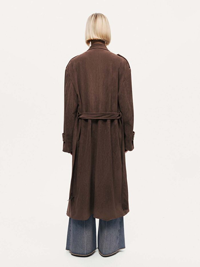 Nocturne Kemerli Süet Maxi Trençkot