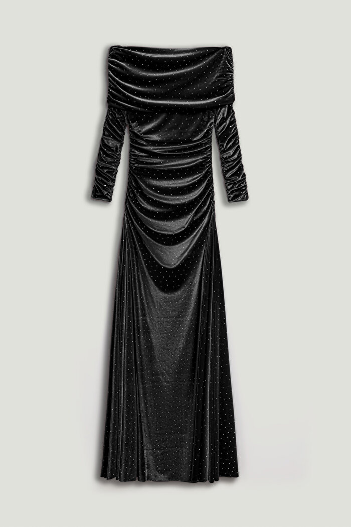 Nocturne Katlı Düz Yaka Maxi Elbise