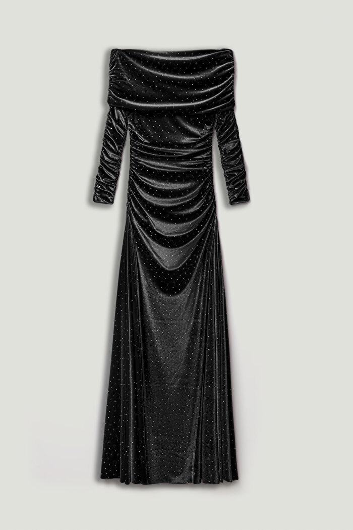 Nocturne Katlı Düz Yaka Maxi Elbise