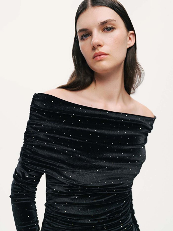 Nocturne Katlı Düz Yaka Maxi Elbise