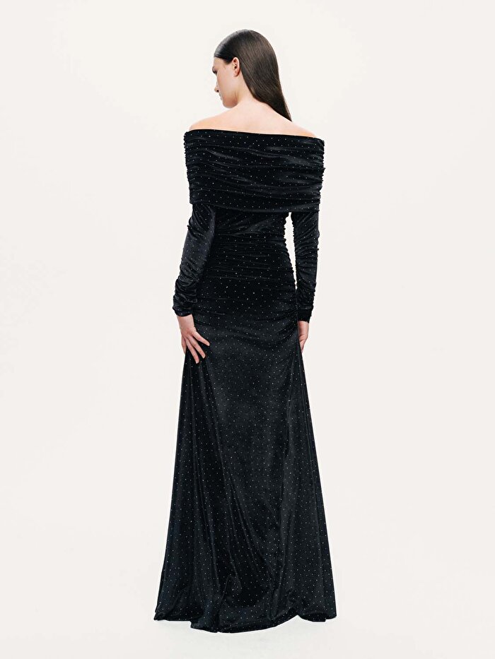 Nocturne Katlı Düz Yaka Maxi Elbise