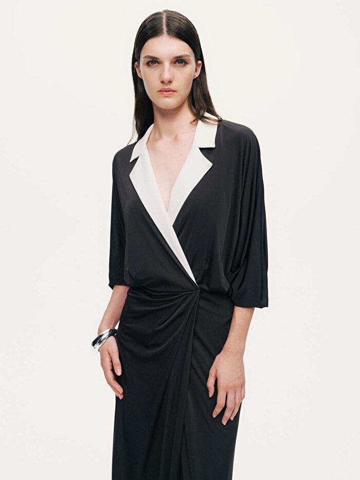 Nocturne Kontrast Yakalı Maxi Elbise