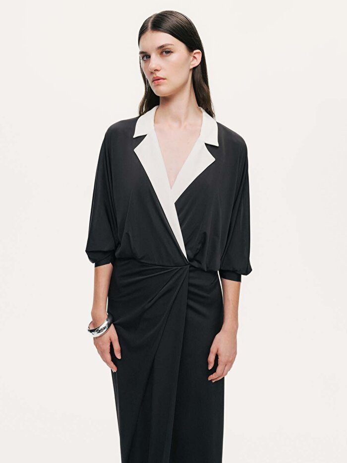 Nocturne Kontrast Yakalı Maxi Elbise