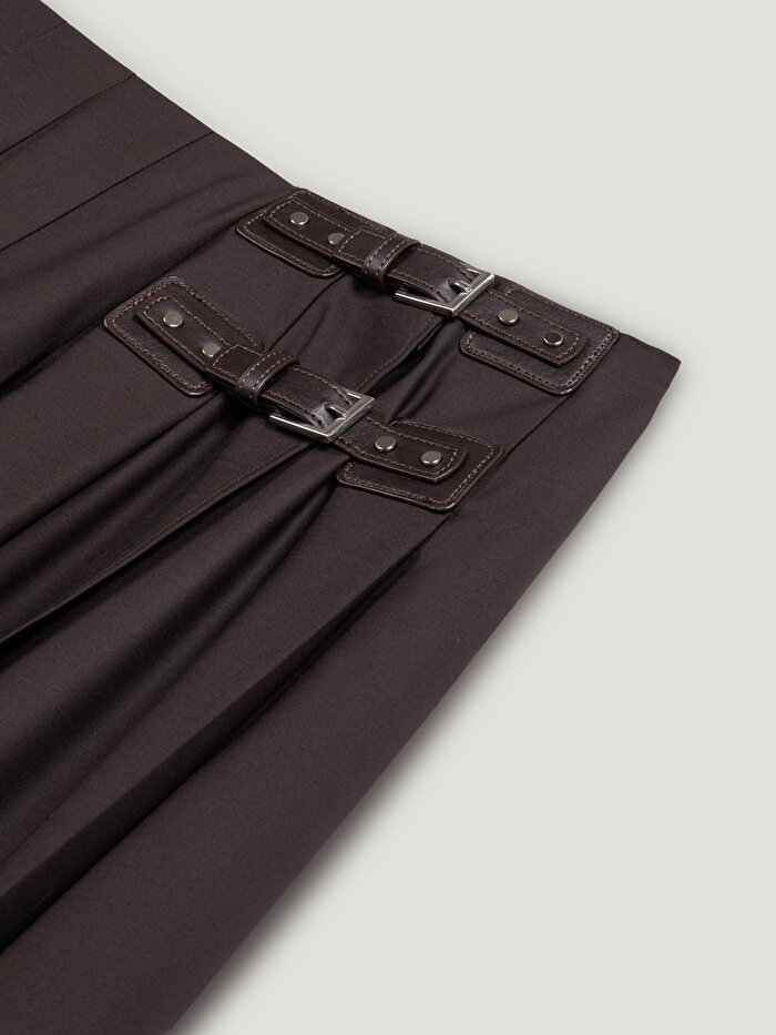 Nocturne Kemer Detaylı Pileli Midi Etek