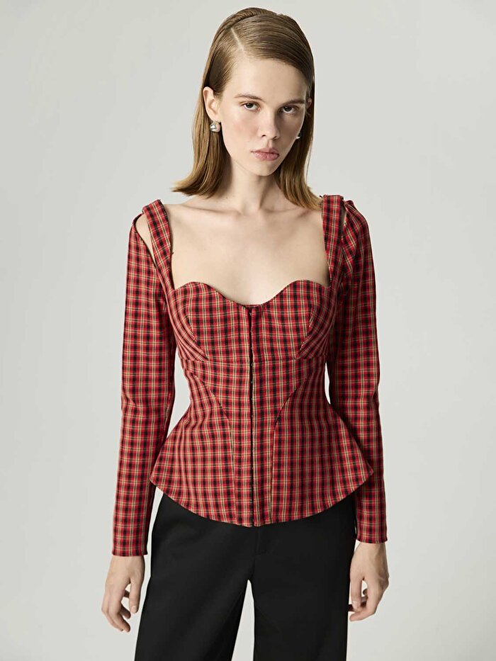 Nocturne Ekoseli Korse Tasarımlı Bluz