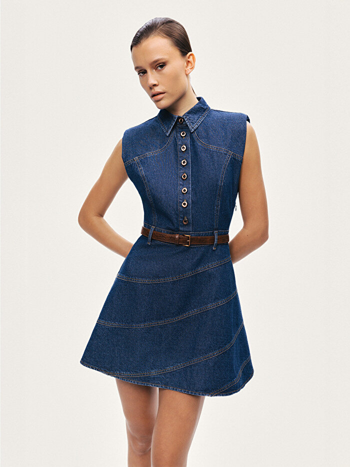 Nocturne Kemer Detaylı Mini Denim Elbise
