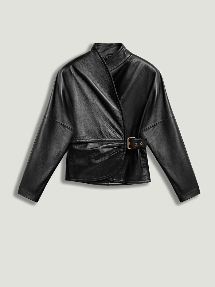 Nocturne Kuşgözü Kemer Detaylı Deri Ceket