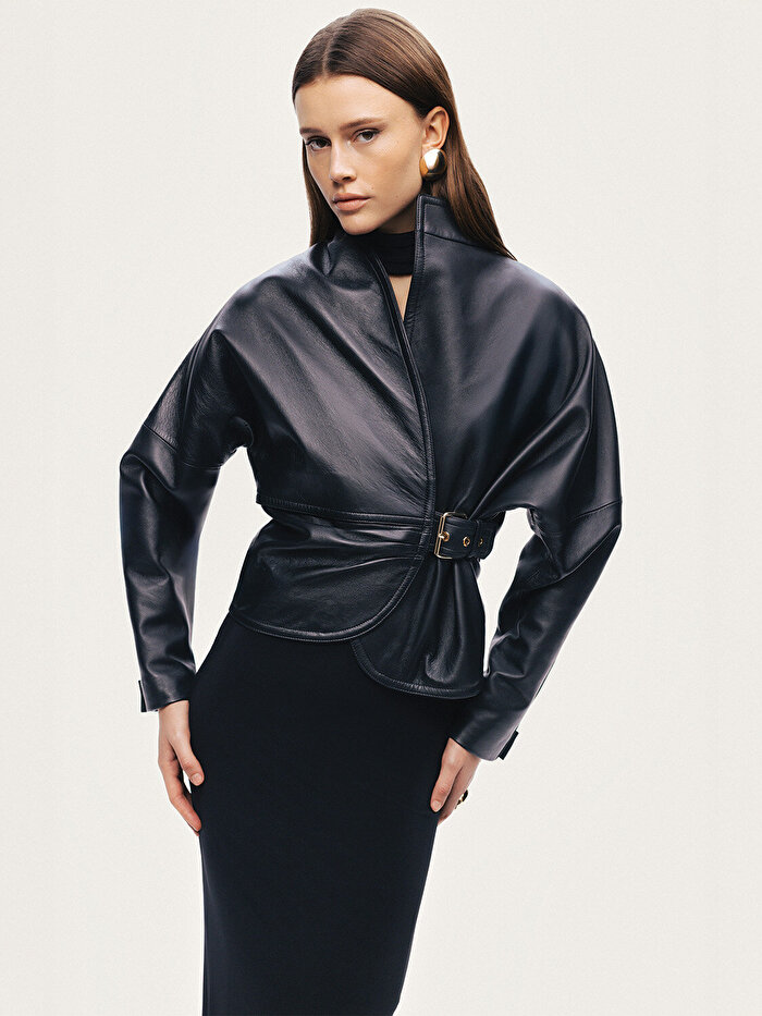 Nocturne Kuşgözü Kemer Detaylı Deri Ceket