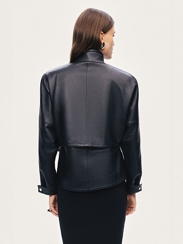 Nocturne Kuşgözü Kemer Detaylı Deri Ceket