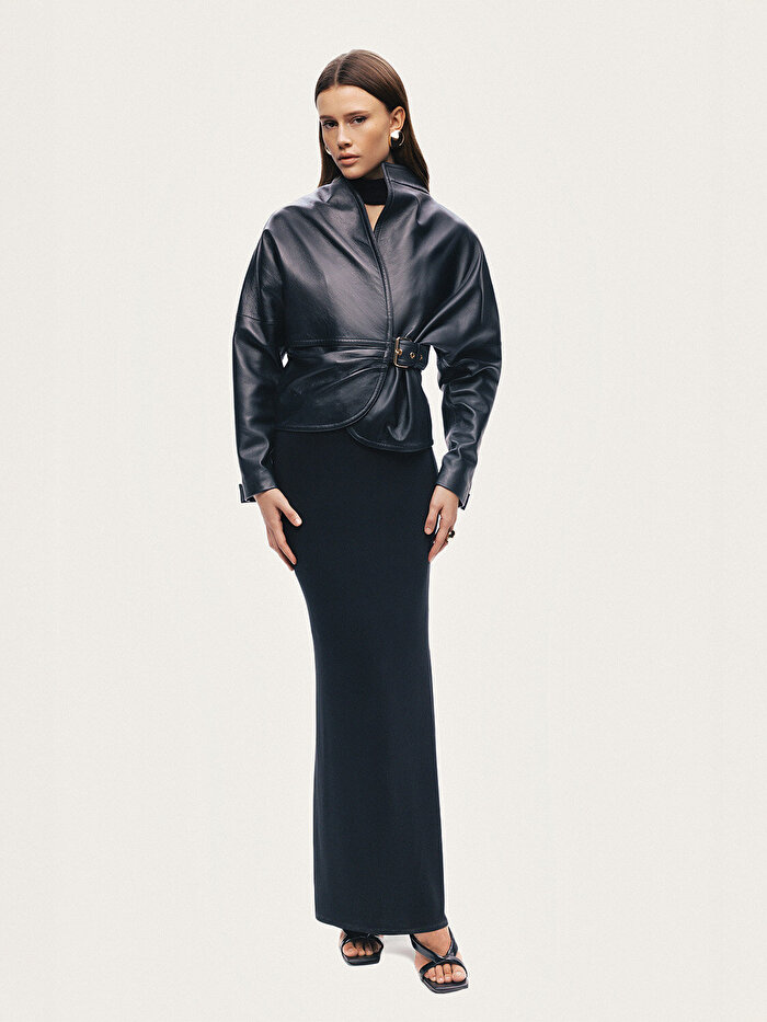 Nocturne Kuşgözü Kemer Detaylı Deri Ceket