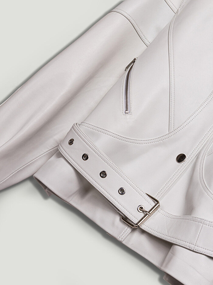 Nocturne Kuş Gözü Kemer Detaylı Deri Ceket