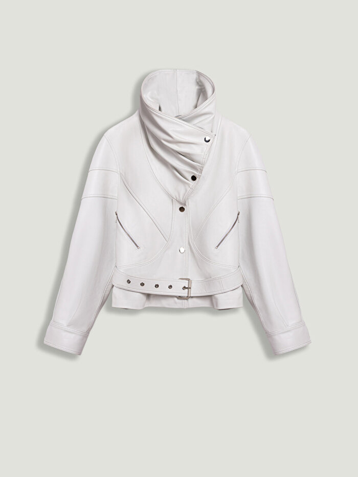 Nocturne Kuş Gözü Kemer Detaylı Deri Ceket