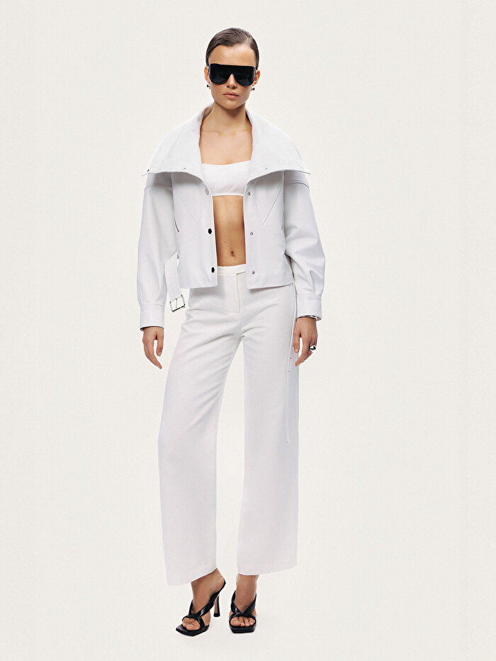 Nocturne Kuş Gözü Kemer Detaylı Deri Ceket