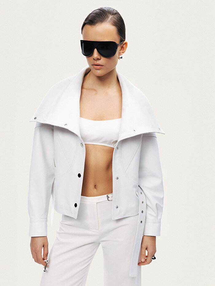 Nocturne Kuş Gözü Kemer Detaylı Deri Ceket