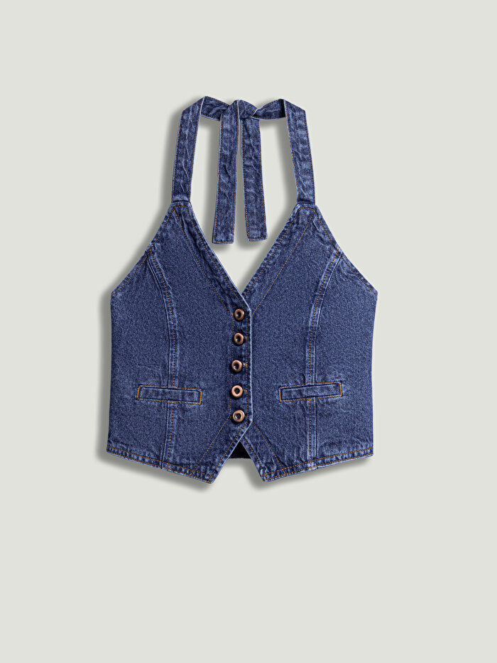 Nocturne Boyundan Bağlamalı Denim Yelek
