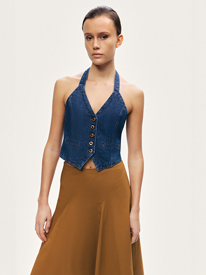 Nocturne Boyundan Bağlamalı Denim Yelek