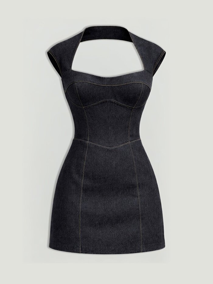 Nocturne Sırt Dekolteli Mini Denim Elbise