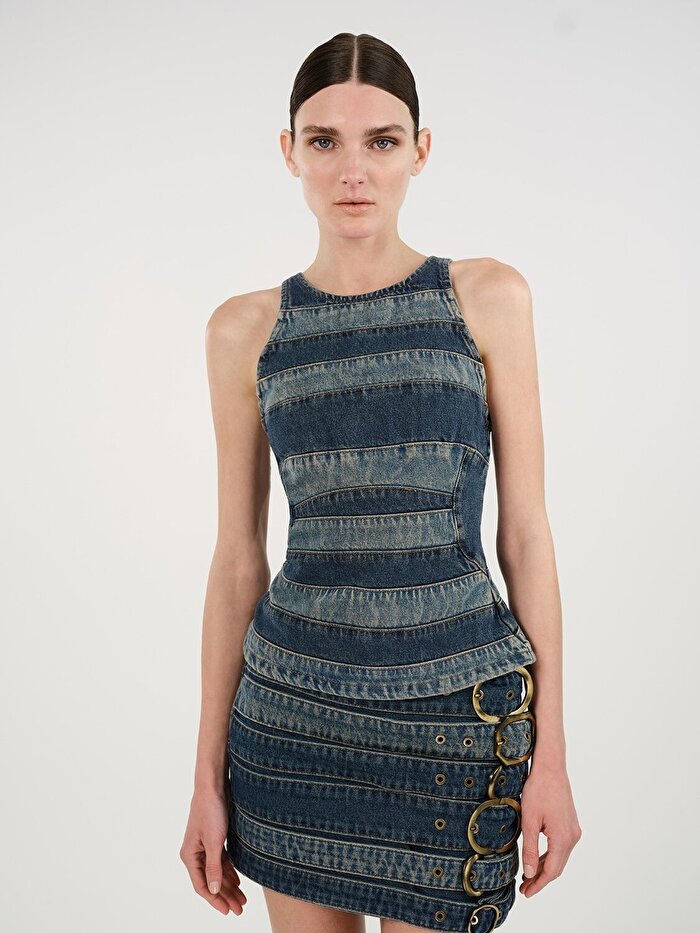 Nocturne Halter Yaka Denim Bluz
