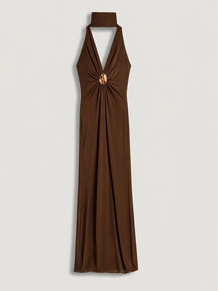 Nocturne Aksesuar Detaylı Dik Yaka Maxi Elbise