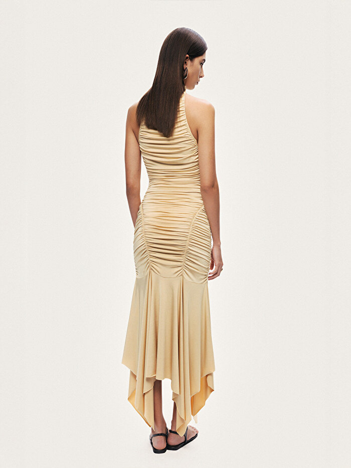 Nocturne Halter Yaka Drapeli Midi Elbise