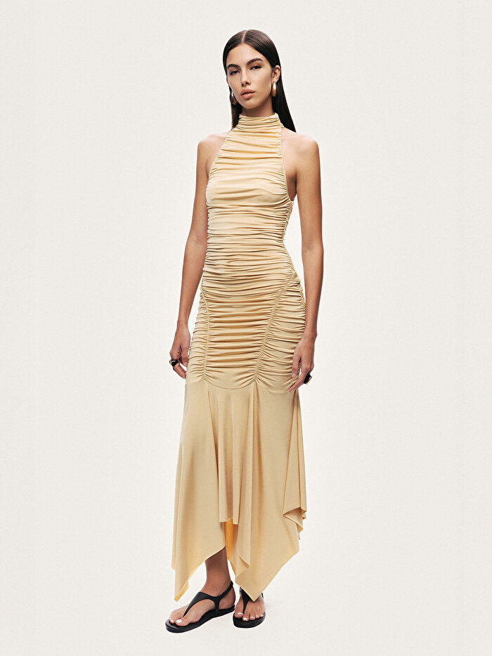 Nocturne Halter Yaka Drapeli Midi Elbise