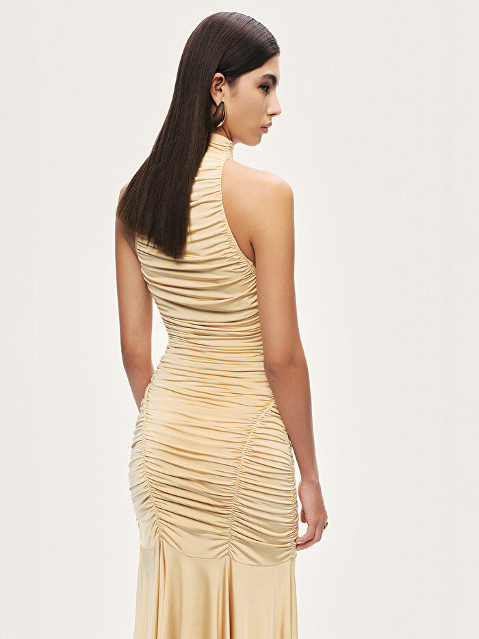 Nocturne Halter Yaka Drapeli Midi Elbise