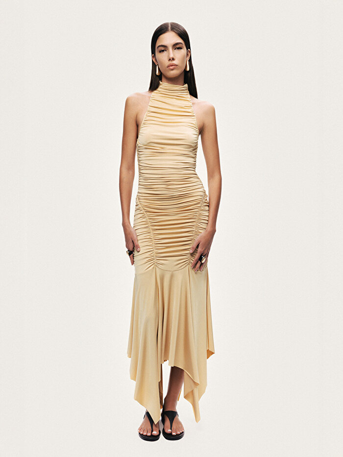 Nocturne Halter Yaka Drapeli Midi Elbise
