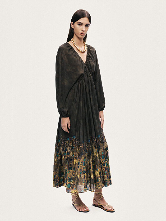 Nocturne Desenli Uzun Kollu Maxi Elbise