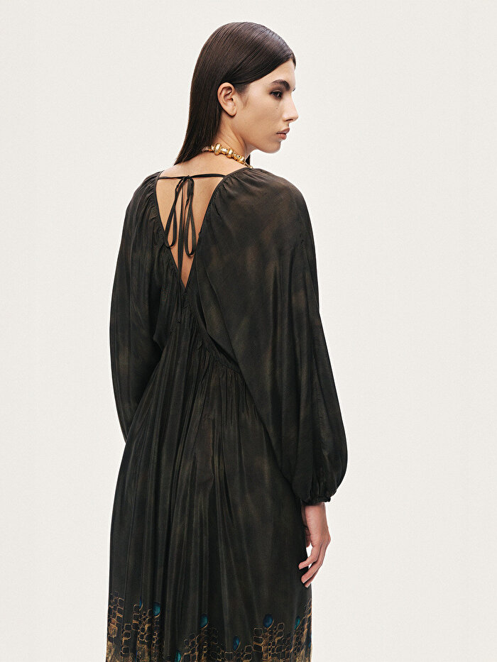 Nocturne Desenli Uzun Kollu Maxi Elbise