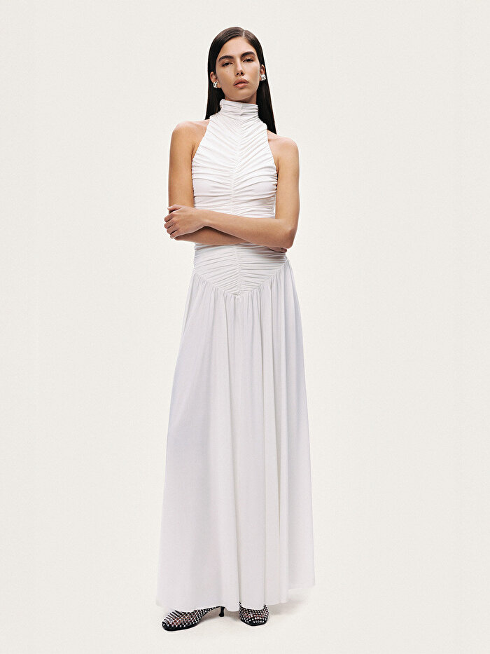 Nocturne Drapeli Dik Yaka Maxi Elbise