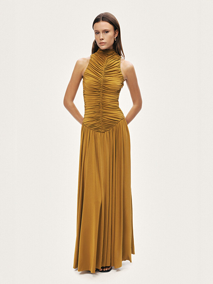 Nocturne Drapeli Dik Yaka Maxi Elbise