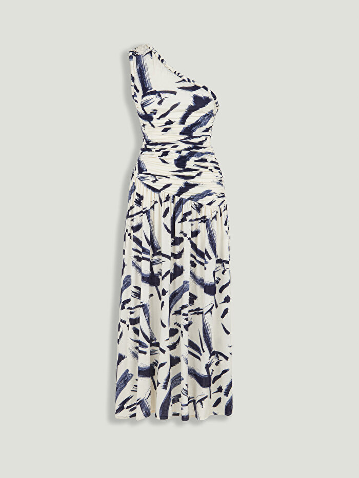 Nocturne Drapeli ve Desenli Tek Omuz Midi Elbise