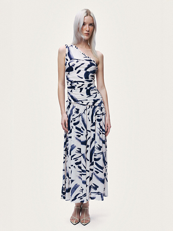 Nocturne Drapeli ve Desenli Tek Omuz Midi Elbise