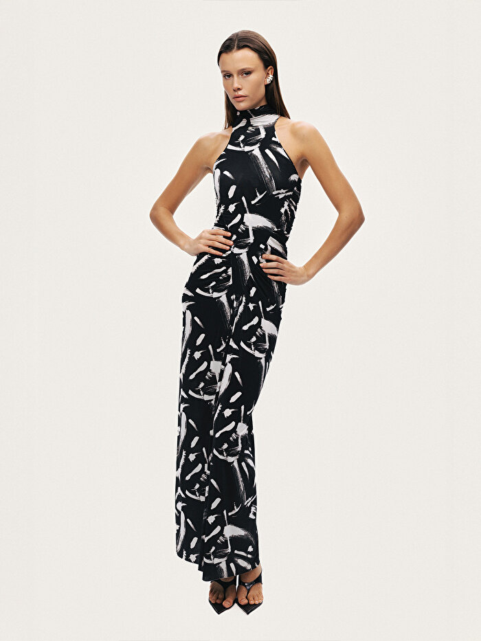 Nocturne Desenli Halter Yaka Maxi Elbise