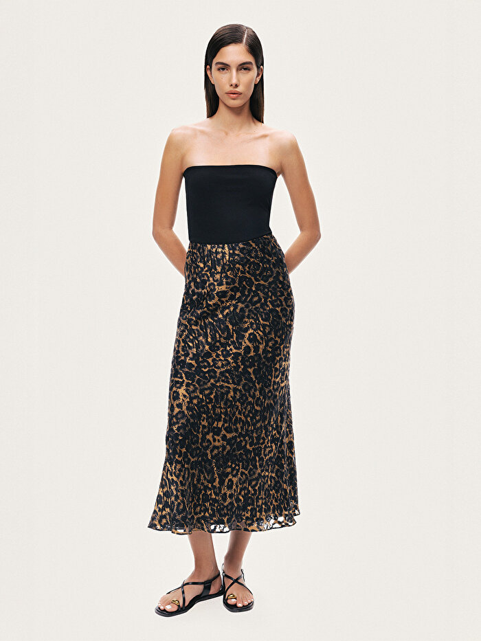Nocturne Leopar Desenli Midi Çan Etek