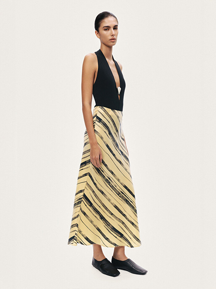Nocturne Çizgi Desenli Midi Etek