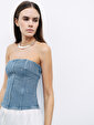 Taşlı Straplez Denim Crop Top