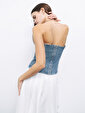 Taşlı Straplez Denim Crop Top