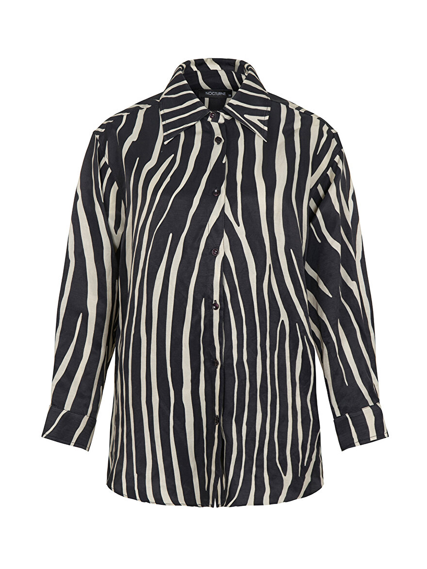 Nocturne Zebra Desen Oversize Keten Gömlek
