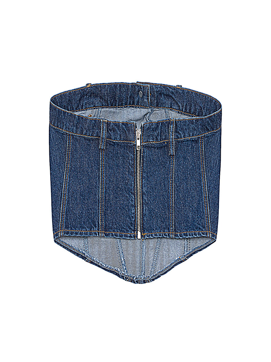 Nocturne Düz Yakalı Kemerli Denim Crop Top