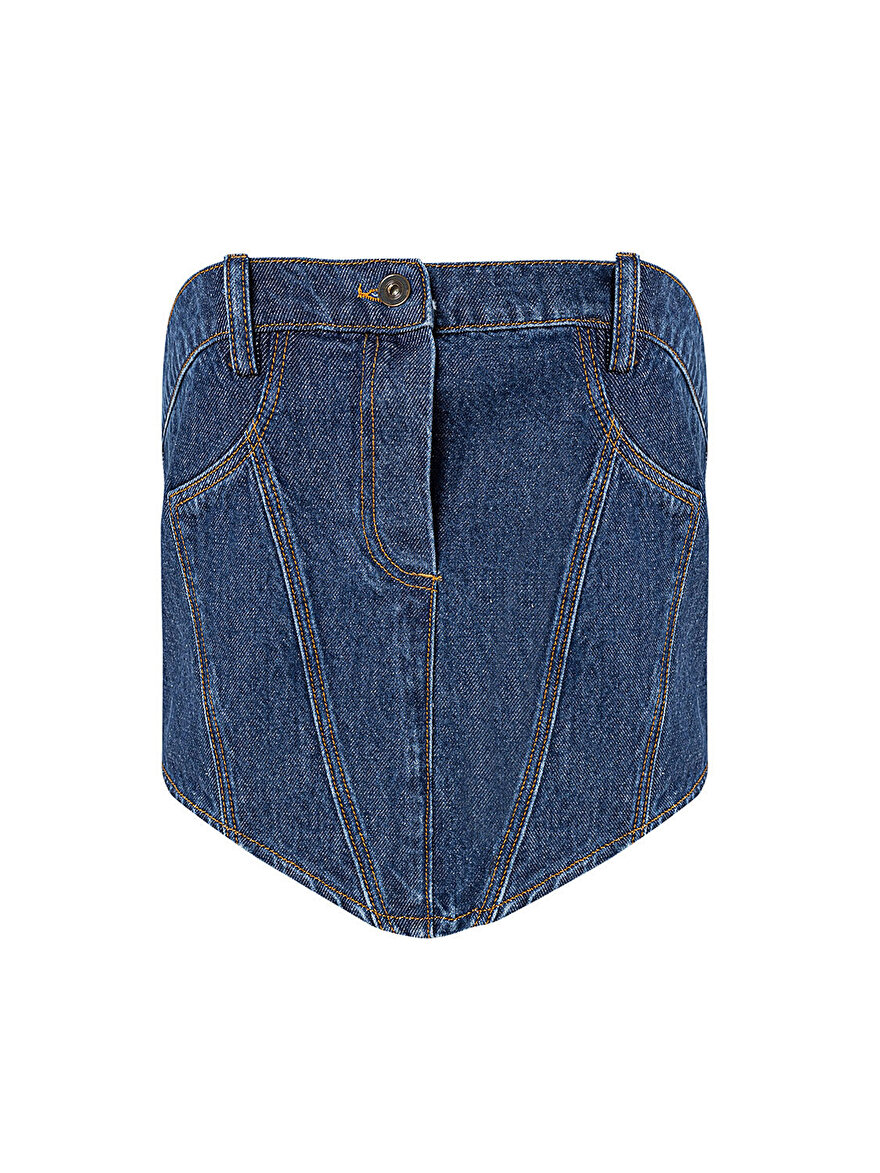 Nocturne Düz Yakalı Kemerli Denim Crop Top