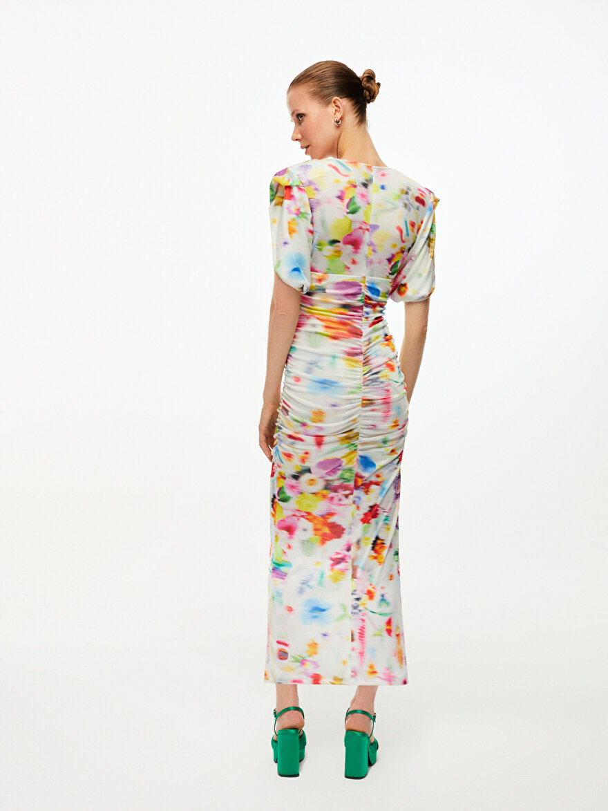 Nocturne Desenli Vatkalı Drape Elbise